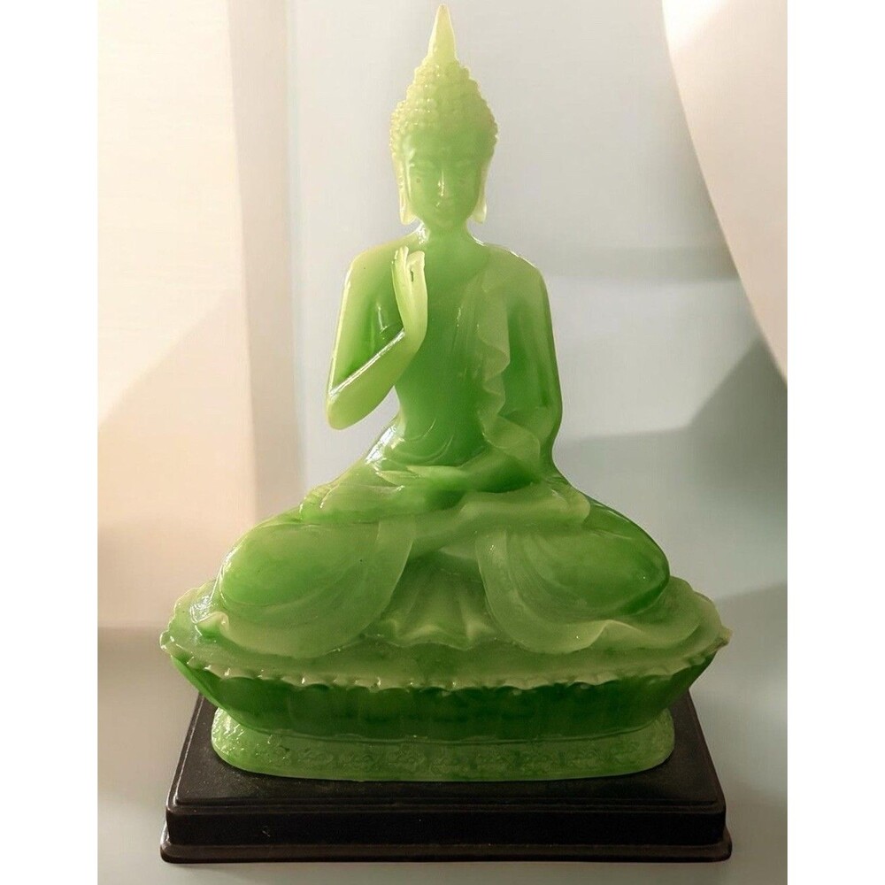 BUDDHA MEDITATING GREEN JADE COLORED RESIN FIGURINE PEACE AND LUCK